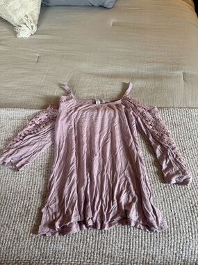 Moral Fiber Cold Shoulder Lace Sleeve Tunic Top - Dusty Mauve